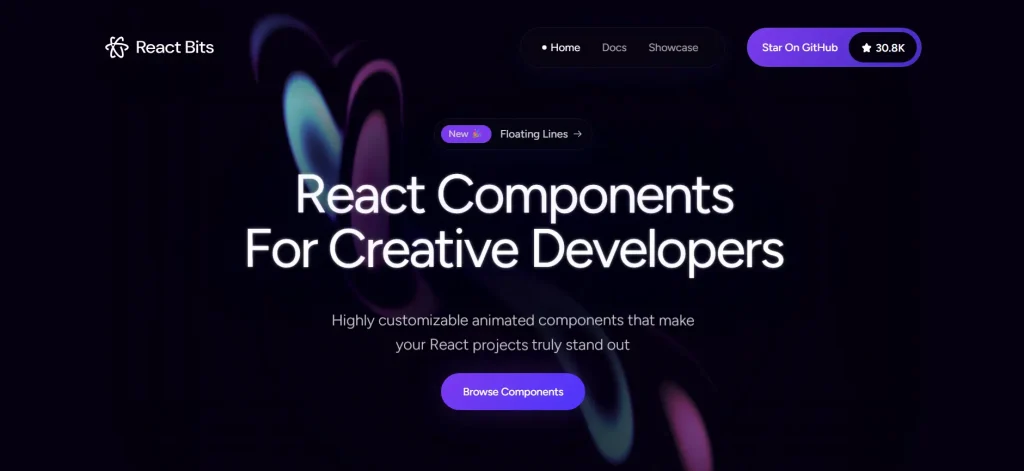 ReactBits.dev ana sayfa arayüzü kod örnekleri ve kategoriler görünümü