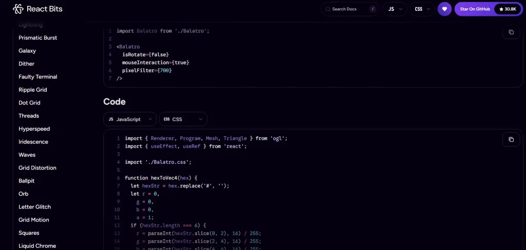 ReactBits.dev kod önizleme ekranı live demo ve dokümantasyon görünümü