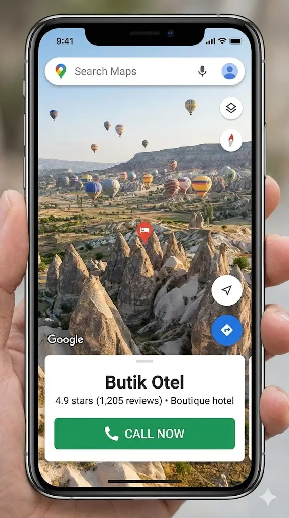 Google Haritalar Kapadokya Otel Reklamı ve Arama Butonu