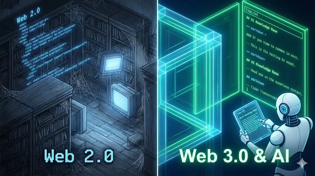 Sol tarafta eski karmaşık HTML kodlarını, sağ tarafta ise llms.txt dosyasını okuyan fütüristik bir yapay zeka robotunu gösteren, SEO'dan GEO'ya geçişi simgeleyen görsel.