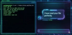 llms.txt Doğrulama: Terminal ve AI Prompt Testi llms.txt dosyasının terminal üzerinden teknik kontrolü ve ChatGPT üzerinden semantik kontrolünü gösteren bölünmüş ekran görüntüsü.