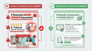 Psikolog web sitelerinde mevzuata göre yasak olan (tedavi garantisi, hasta yorumları, öncesi sonrası) ve olması gereken (diploma bilgisi, KVKK metni) unsurları gösteren karşılaştırmalı infografik.