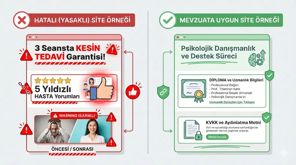 Psikolog web sitesinde mevzuata göre yasak ve uygun içerik örnekleri karşılaştırmalı infografik