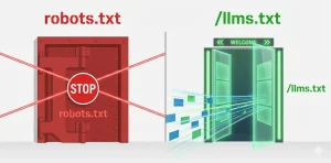 Robots.txt ve llms.txt Arasındaki Fark Nedir? Robots.txt dosyasının yasaklayıcı kırmızı kapı metaforu ile llms.txt dosyasının davetkar yeşil kapı metaforunu karşılaştıran illüstrasyon.