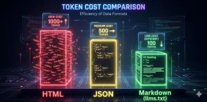 HTML vs Markdown: Yapay Zeka Token Maliyet Analizi HTML, JSON ve Markdown formatlarının yapay zeka token maliyetlerini karşılaştıran sütun grafiği; Markdown en düşük maliyetli olandır.
