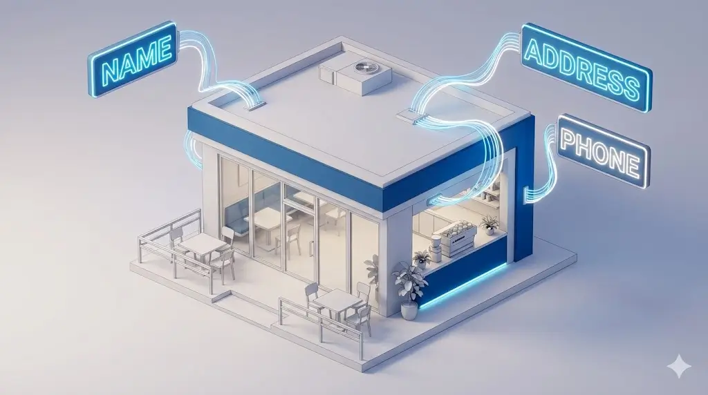 İşletmelerin isim, adres ve telefon (NAP) tutarlılığını gösteren dijital varlık (entity) SEO optimizasyonu.