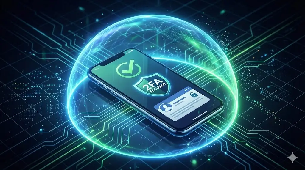 Kurtarılan Instagram hesabını siber saldırılara ve kapanmalara karşı koruyan enerji kalkanı ve iki faktörlü kimlik doğrulama (2FA) sembolü.
