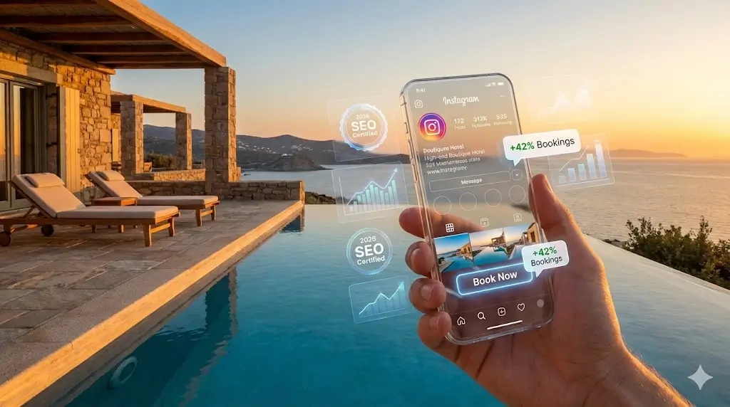 Lüks bir otel havuzu başında akıllı telefon tutan bir el; ekranda artan rezervasyon grafiği ve 2026 SEO rozeti görünüyor.