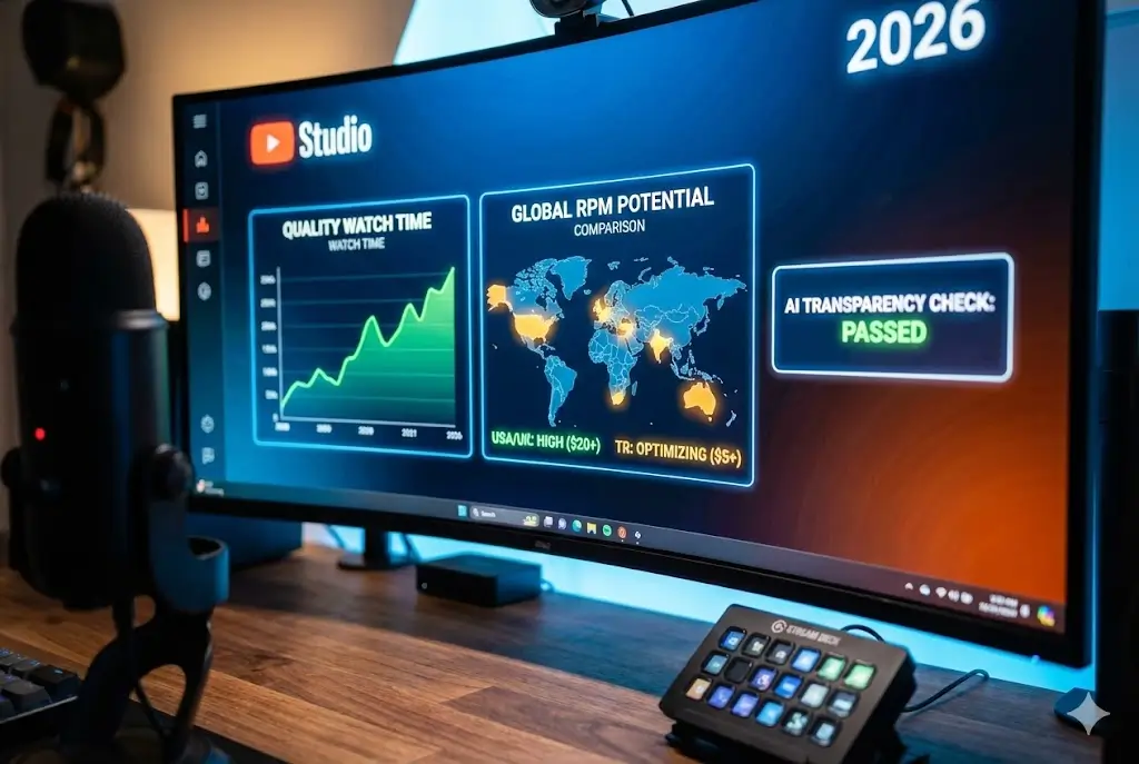 2026 YouTube Studio Onay ve Analitik Paneli Metrikleri 2026 YouTube Studio panelinde Kaliteli İzleme Süresi, Küresel RPM potansiyeli ve AI Şeffaflık Kontrolü gibi yeni YPP onay kriterlerini gösteren detaylı analitik ekranı.