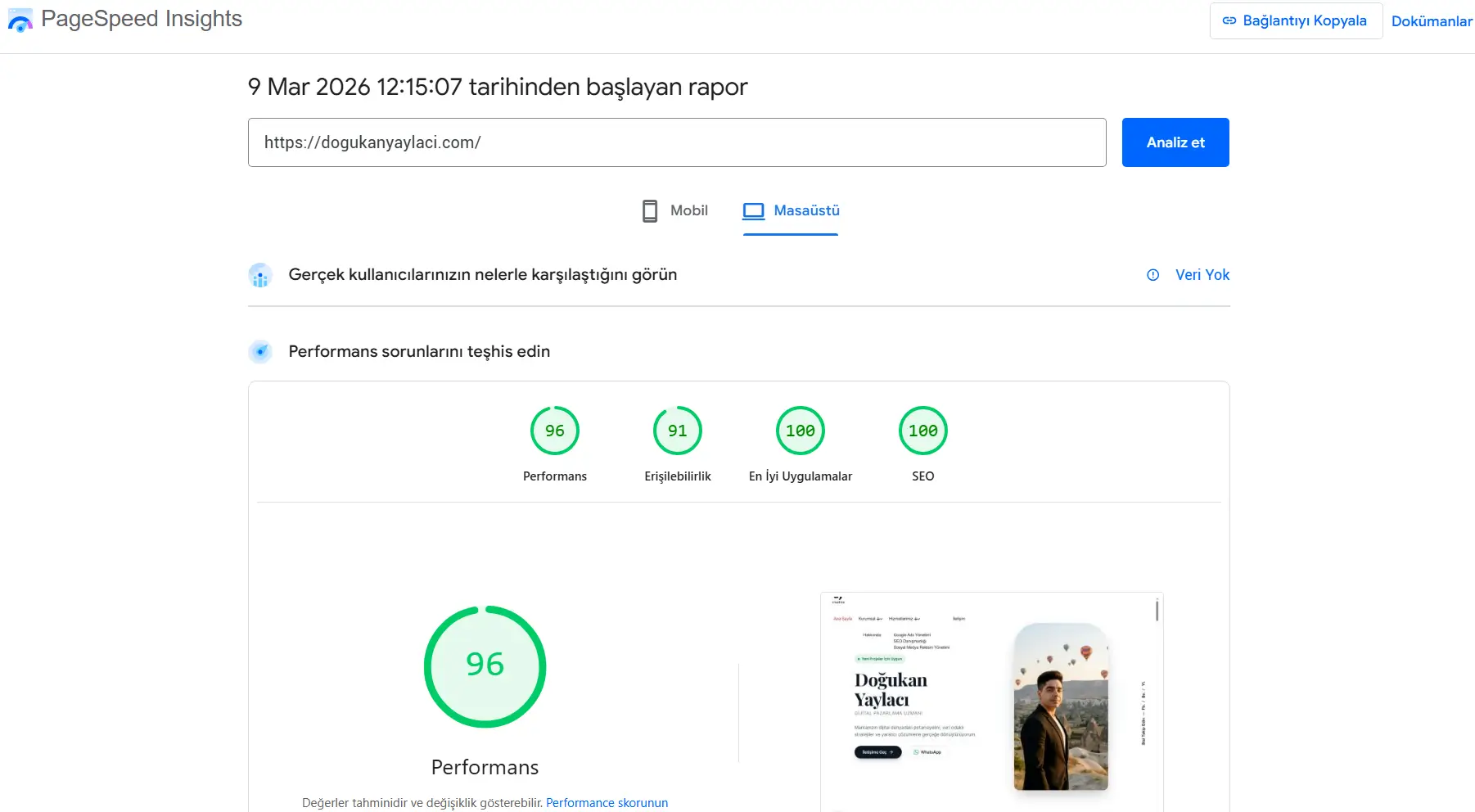 Doğukan Yaylacı Web Tasarım – PageSpeed Hız Testi Sonucu 2026 dogukanyaylaci.com PageSpeed Insights sonucu – Masaüstü 97, Mobil 94 puan, 9 Mart 2026
