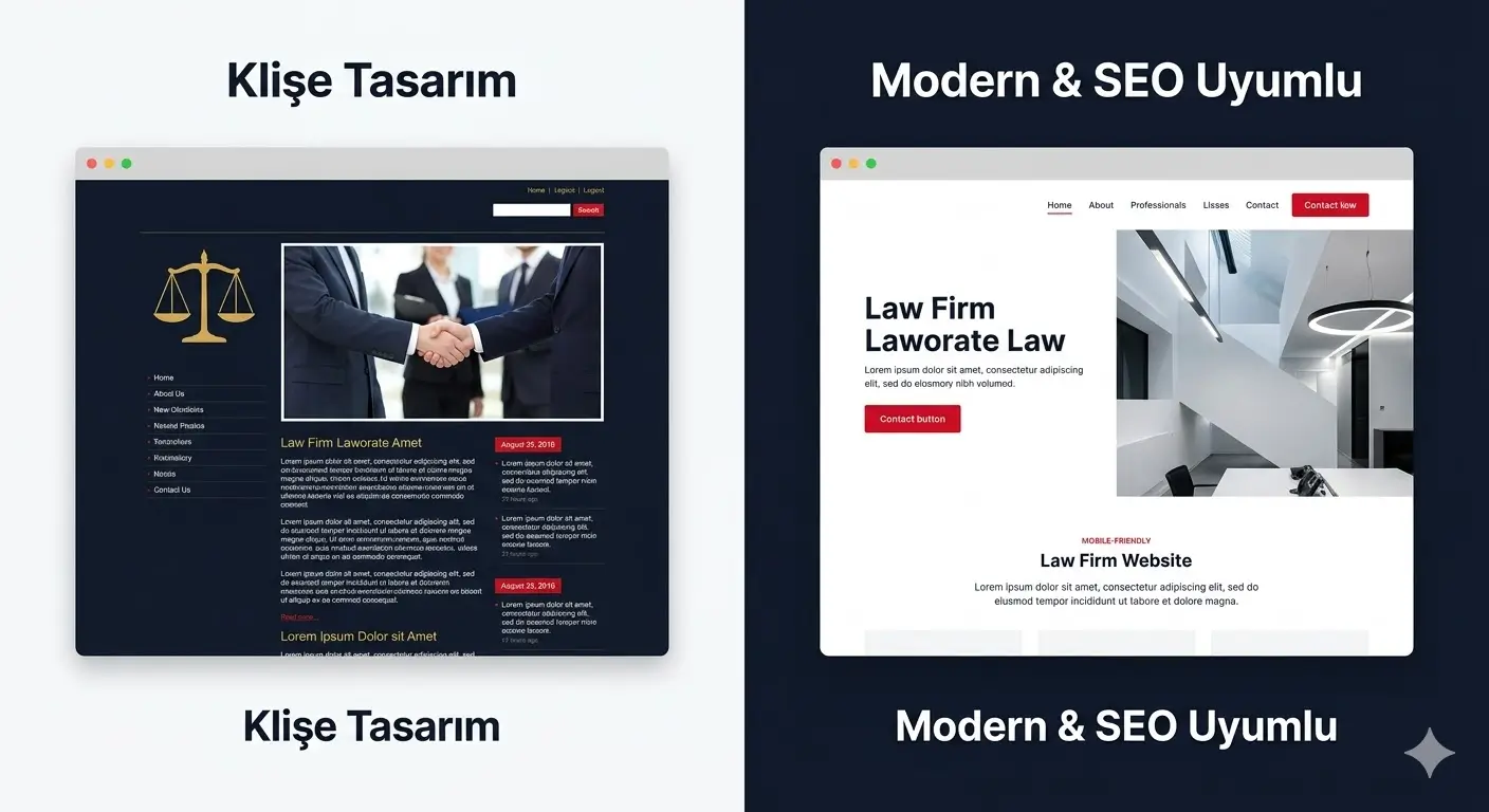 Avukat web sitesi tasarımı öncesi sonrası karşılaştırması - klişe tasarım vs modern SEO uyumlu site