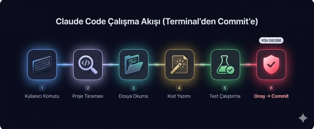 Claude Code nasıl çalışır — kullanıcı komutundan git commit'e kadar 6 adımlı agentic coding akış diyagramı