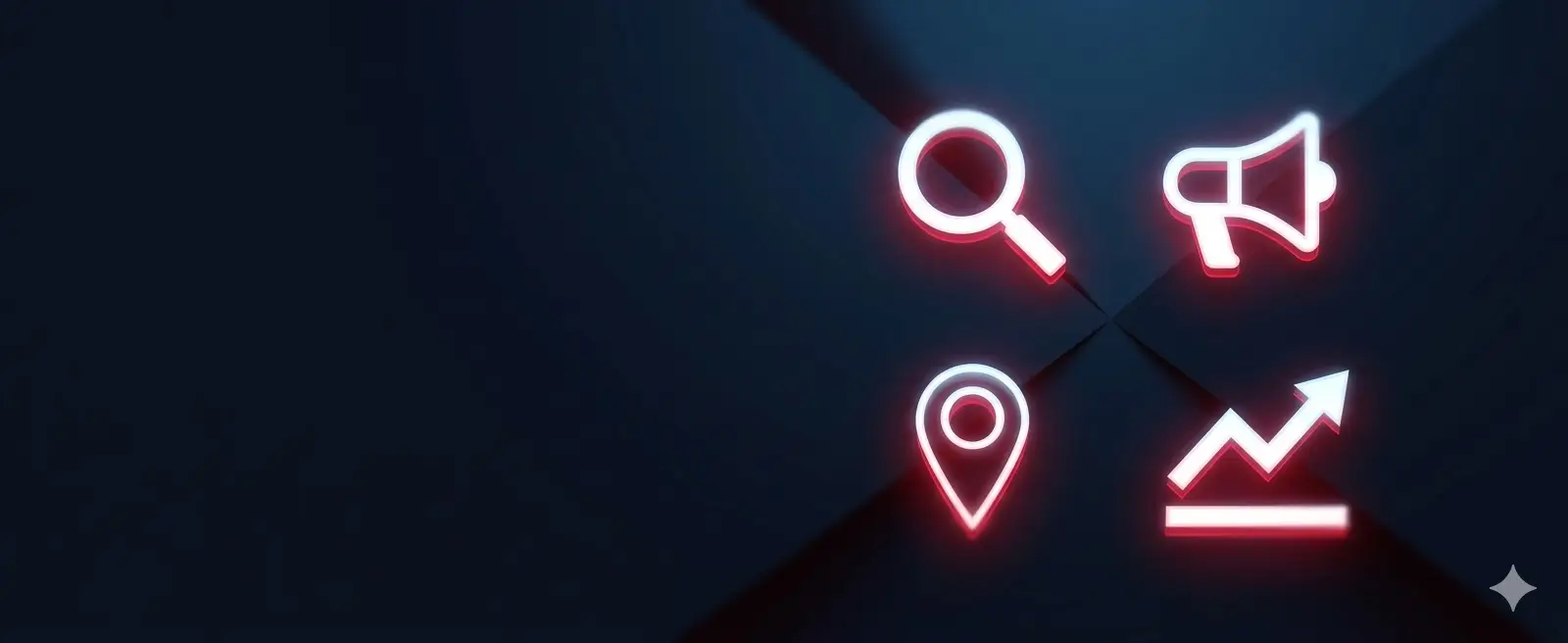 Dijital reklam ajansı hizmetlerini simgeleyen dört parlak geometrik ikon kompozisyonu