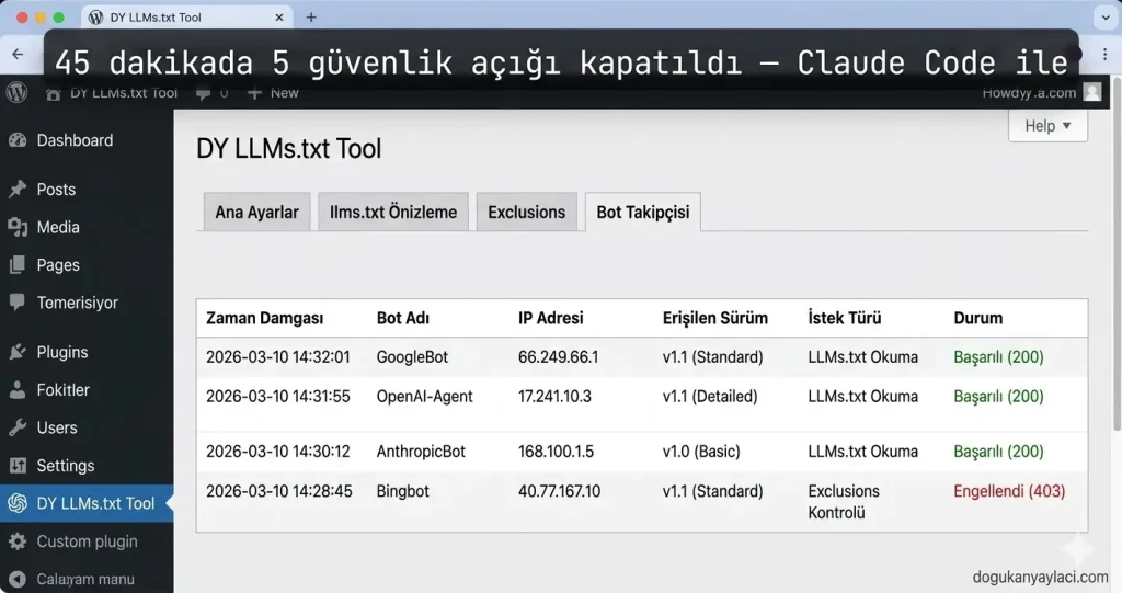 DY LLMs.txt Tool WordPress eklentisi — Claude Code ile geliştirilen AEO ve yapay zeka optimizasyon eklentisi ekran görüntüsü