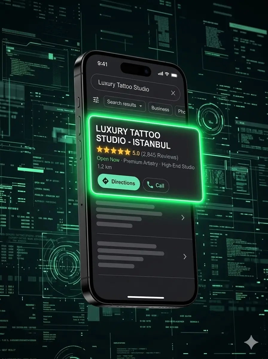 Google Haritalar arama sonucunda ilk sırada çıkan 5 yıldızlı premium dövme stüdyosu mobil mockup görünümü
