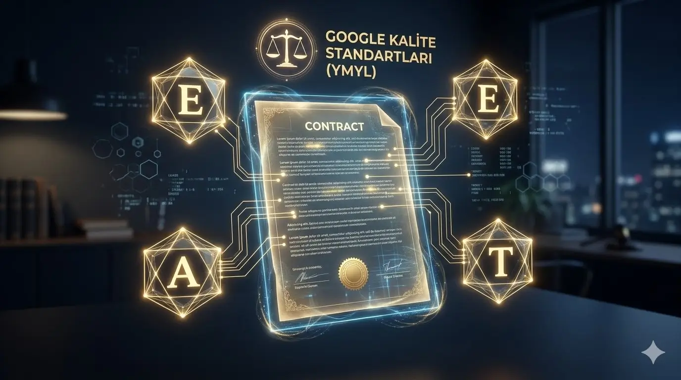 Bir hukuk makalesinin üzerinde SEO analiz noktalarını gösteren diyagram