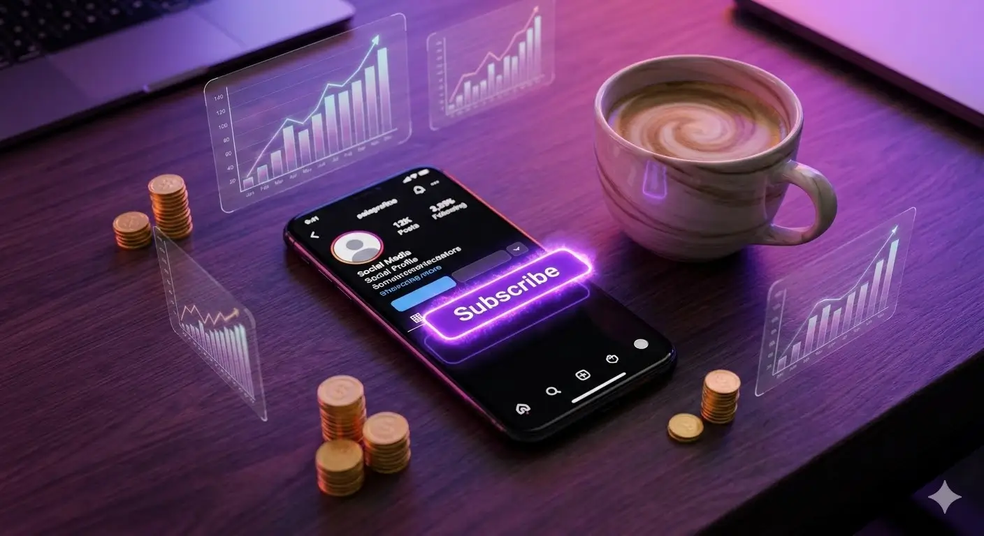 Instagram abonelik açarak para kazanma yöntemlerini gösteren dijital içerik üreticisi masası ve neon grafikler konsepti.
