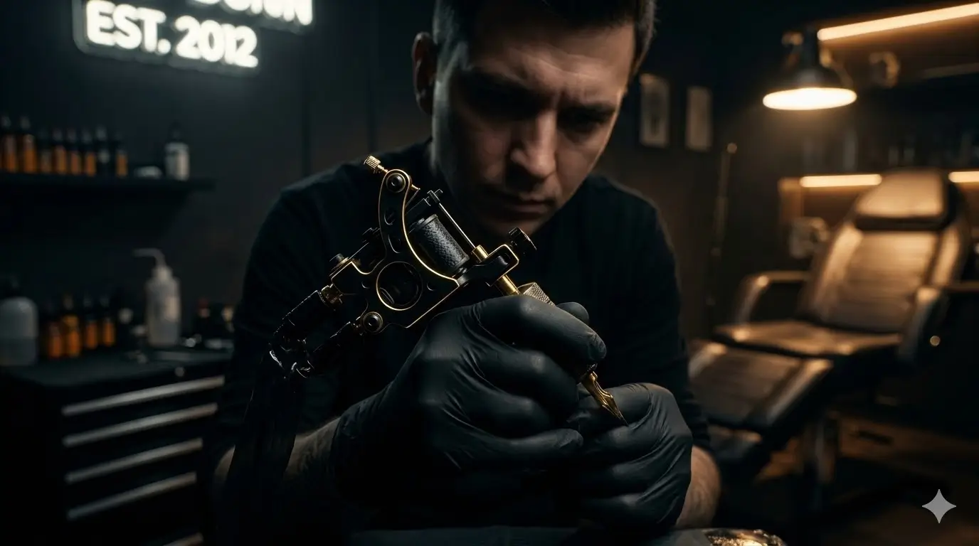 Lüks dövme stüdyosu ve profesyonel dövme makinesi ile çalışan sanatçı