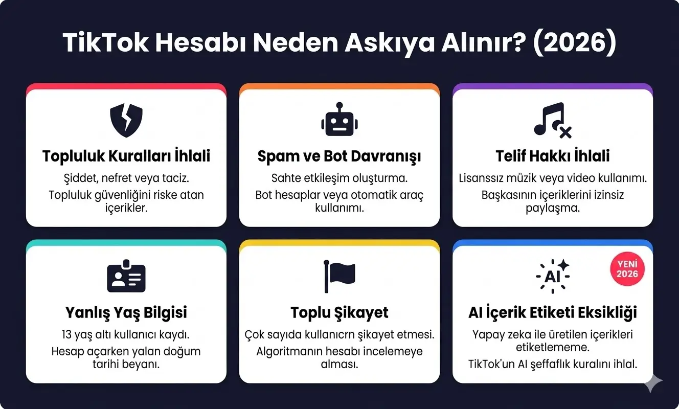 TikTok hesap askıya alınma nedenleri infografik 2026