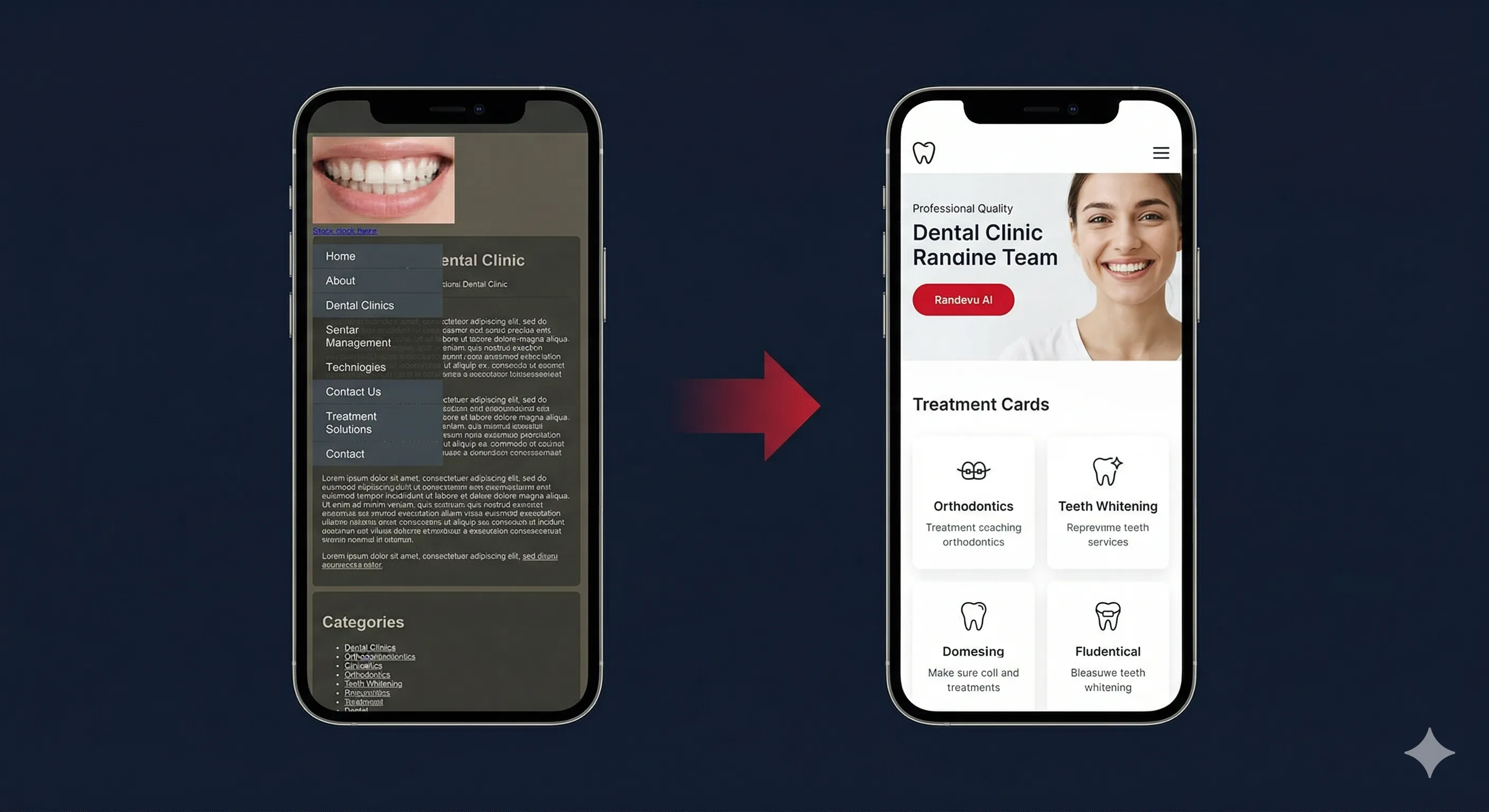 AuraMina Estetik Diş Polikliniği web sitesi yenileme öncesi ve sonrası