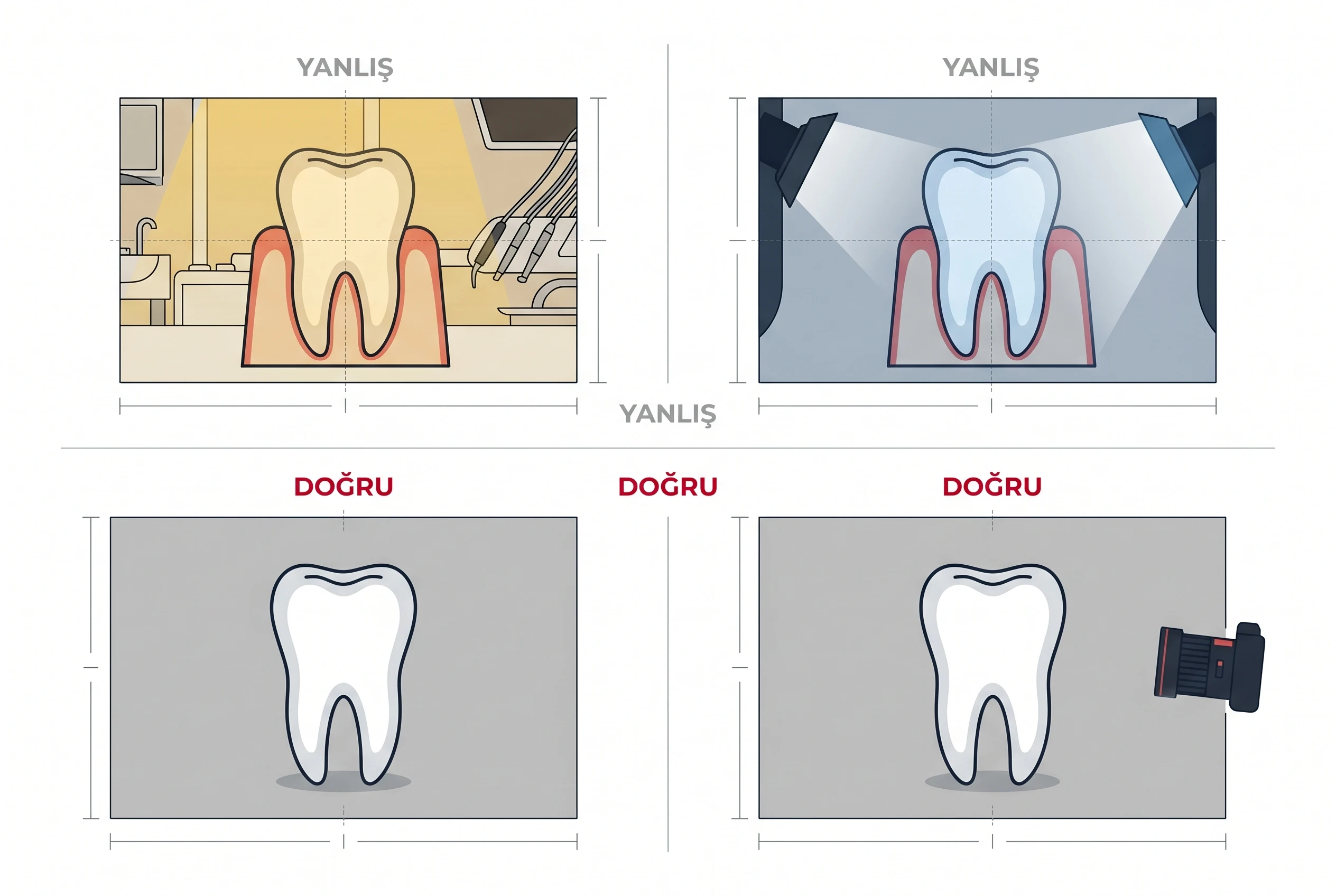 Diş kliniği öncesi sonrası fotoğraflarında yanlış ve doğru çekim teknik şartları karşılaştırması
