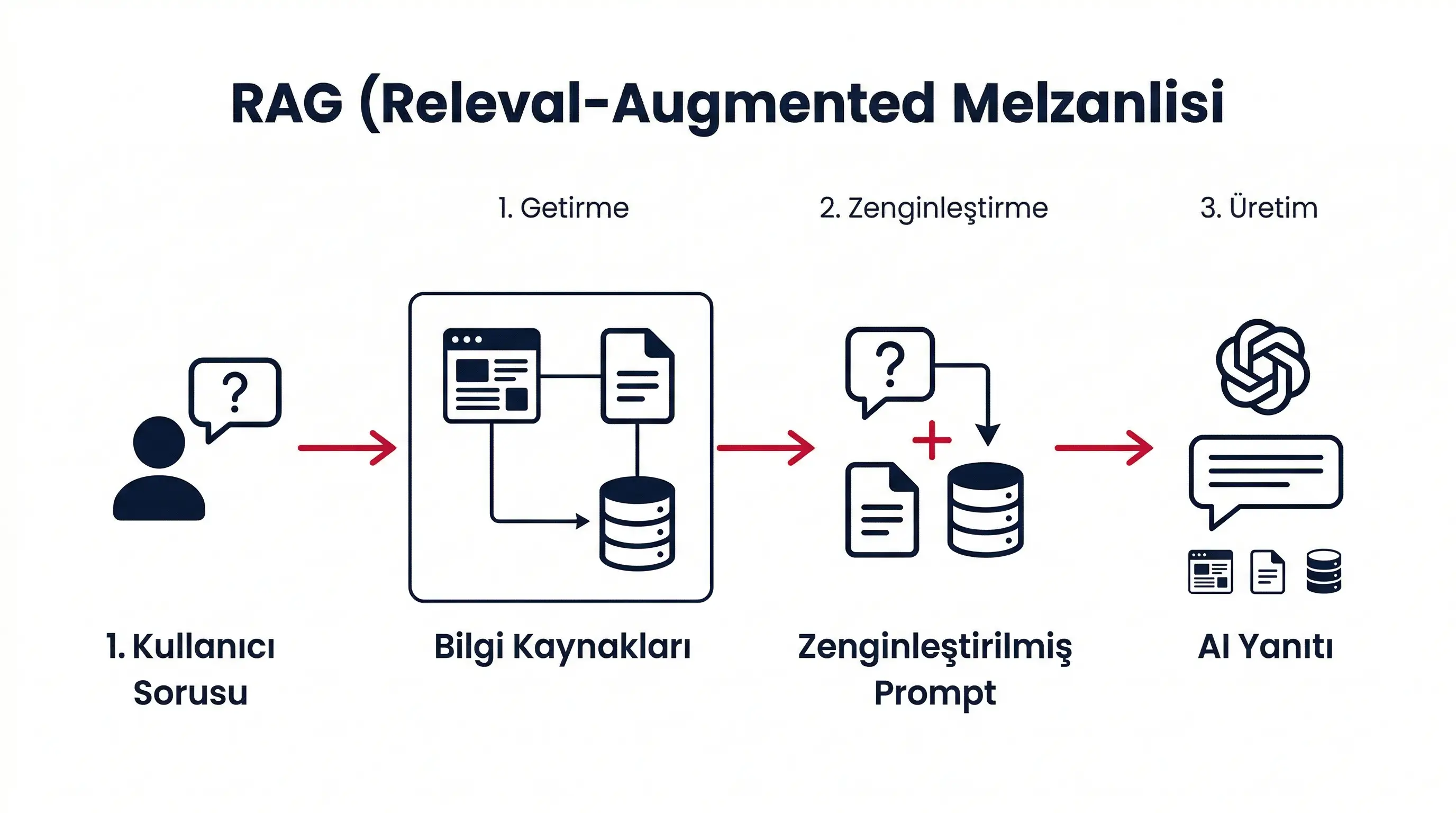 RAG çalışma mekanizması: sorgu, getirme, zenginleştirme ve üretim adımlarını gösteren diyagram